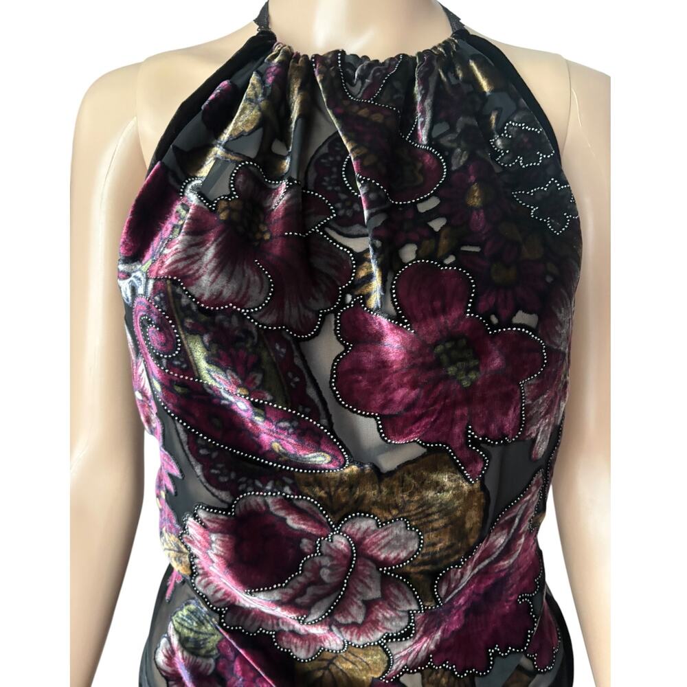 Upcycled Burnout Velvet Halter Top Floral Sheer Fringe Whimsigoth Festival S - Picture 3 of 7